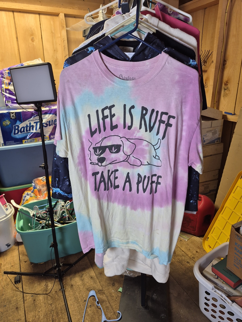 Spencer's Pink & Blue Tie-Dye "Life Is Ruff Take A Puff" Graphic Tee Bin 68